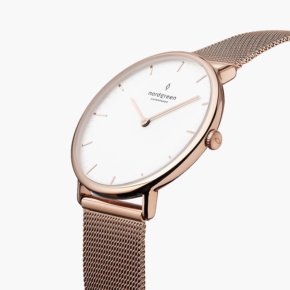 Native - SET Weißes Ziffernblatt Roségold | Armbänder Braun / Schwarz / Mesh