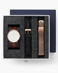 Native - SET Weißes Ziffernblatt Roségold | Armbänder Braun / Schwarz / Mesh
