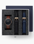 Native - SET Schwarzes Ziffernblatt Roségold | Armbänder Braun / Schwarz / Navy Blau