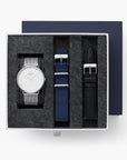 Native - SET Weißes Ziffernblatt Silber | Armbänder Mesh / Nato Navy Blau / Schwarz