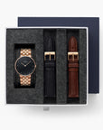 Native - SET Schwarzes Ziffernblatt Roségold | Armbänder 5-Link / Schwarz / Braun