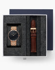 Native - SET Schwarzes Ziffernblatt Roségold | Armbänder 5-Link / Braun