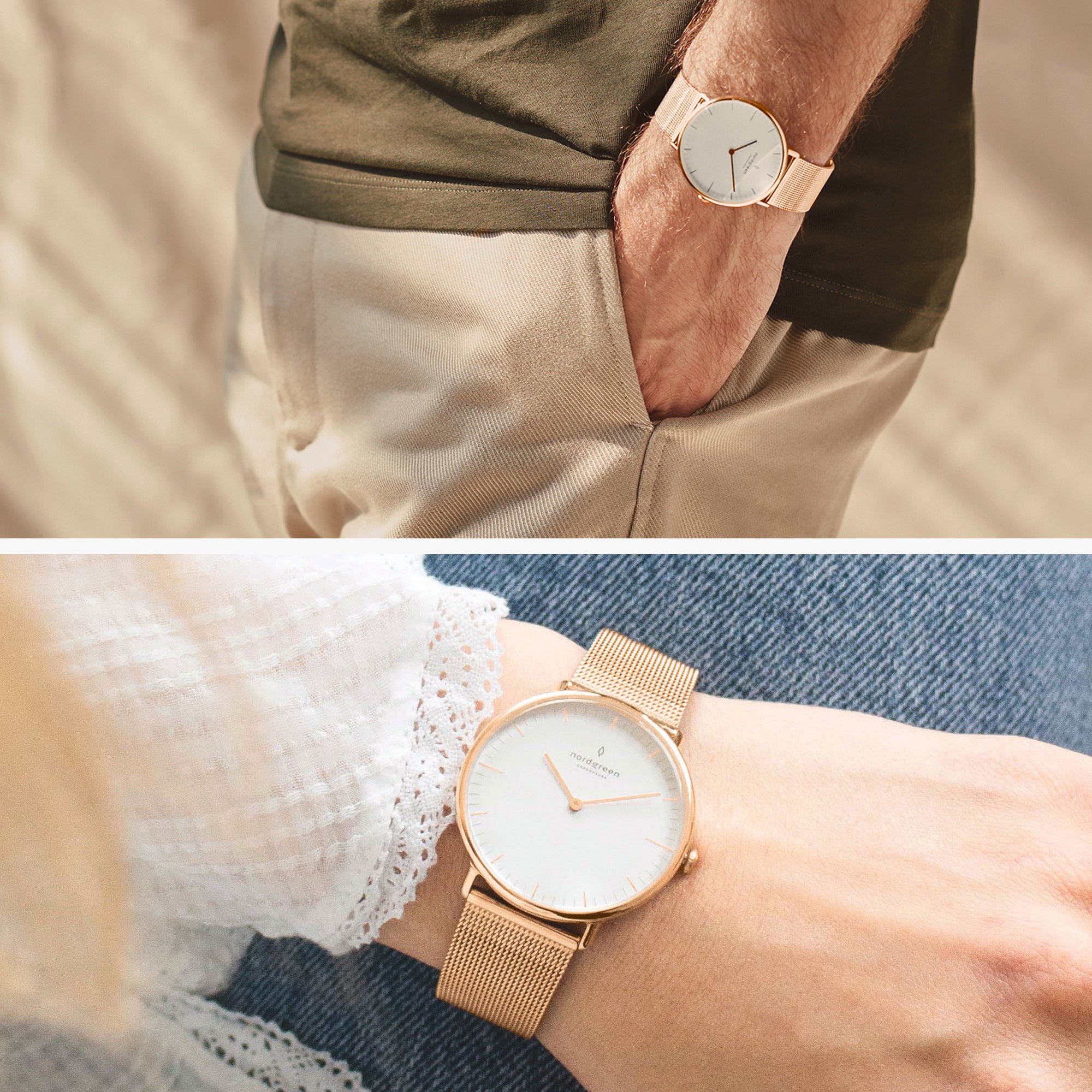 Native - SET Weißes Ziffernblatt Roségold | Armbänder Braun / Schwarz / Mesh